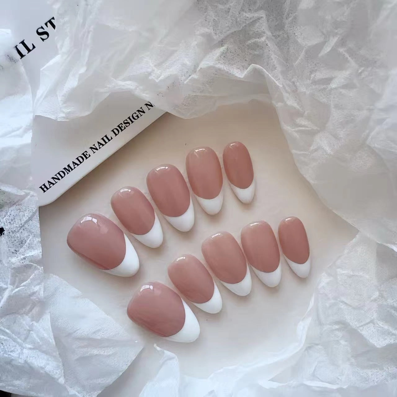 French white short almond handmade press on nails