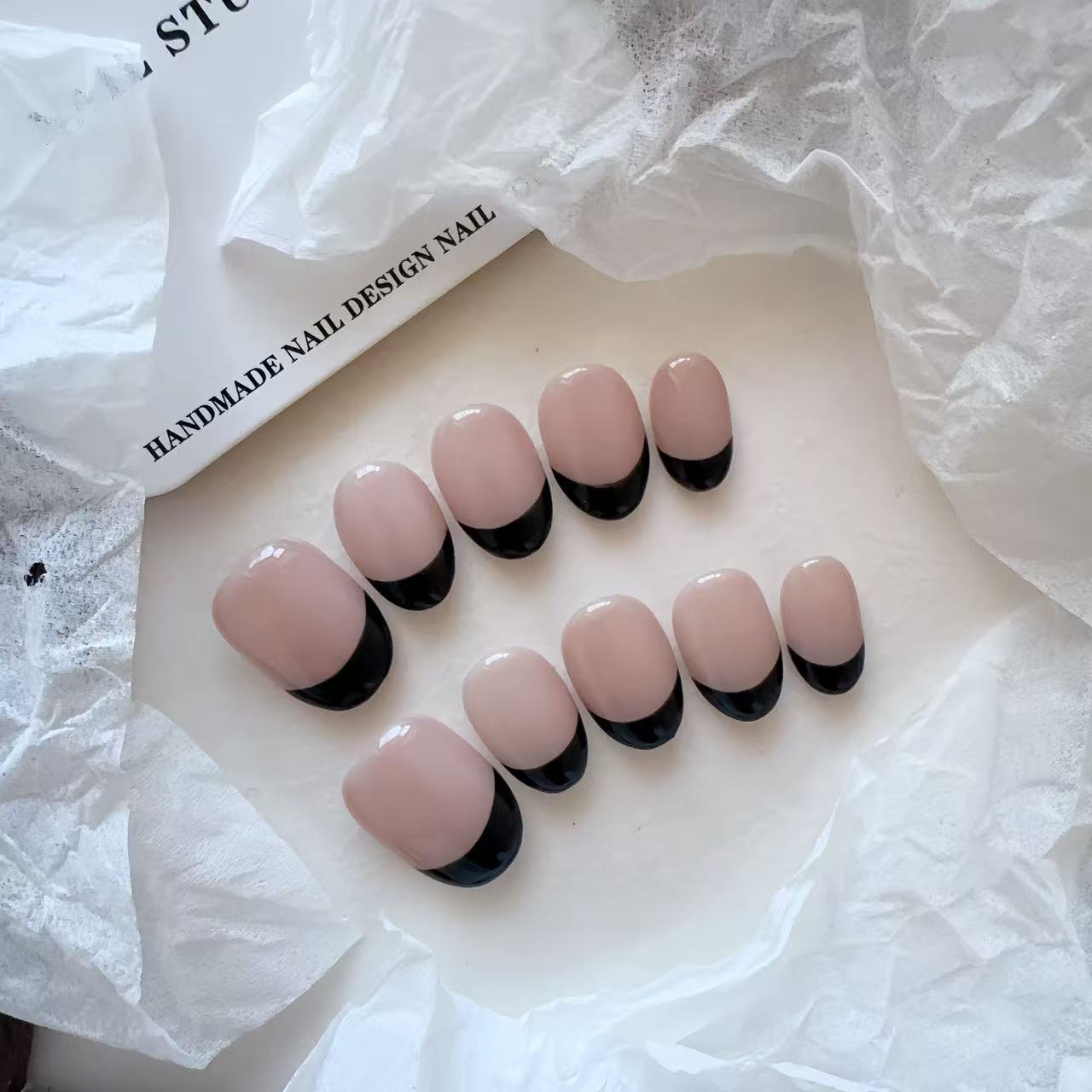 French black short oval handmade press on nails